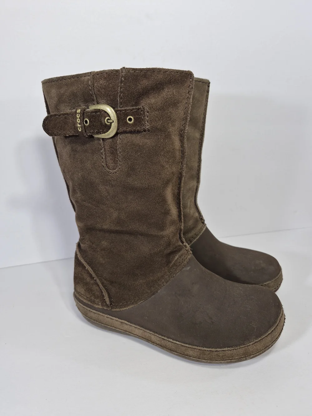 CROCS Junior Women's Brown Suede Mid-Calf Buckle Boots